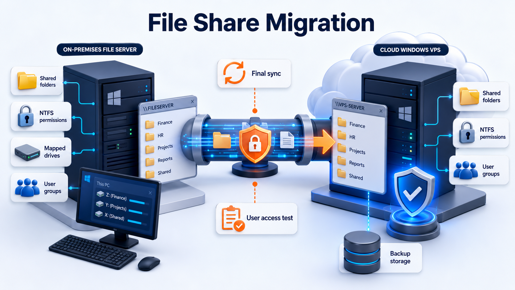 File migration visual showing shared folders, NTFS permissions, mapped drives, and final sync moving from local server to Windows VPS