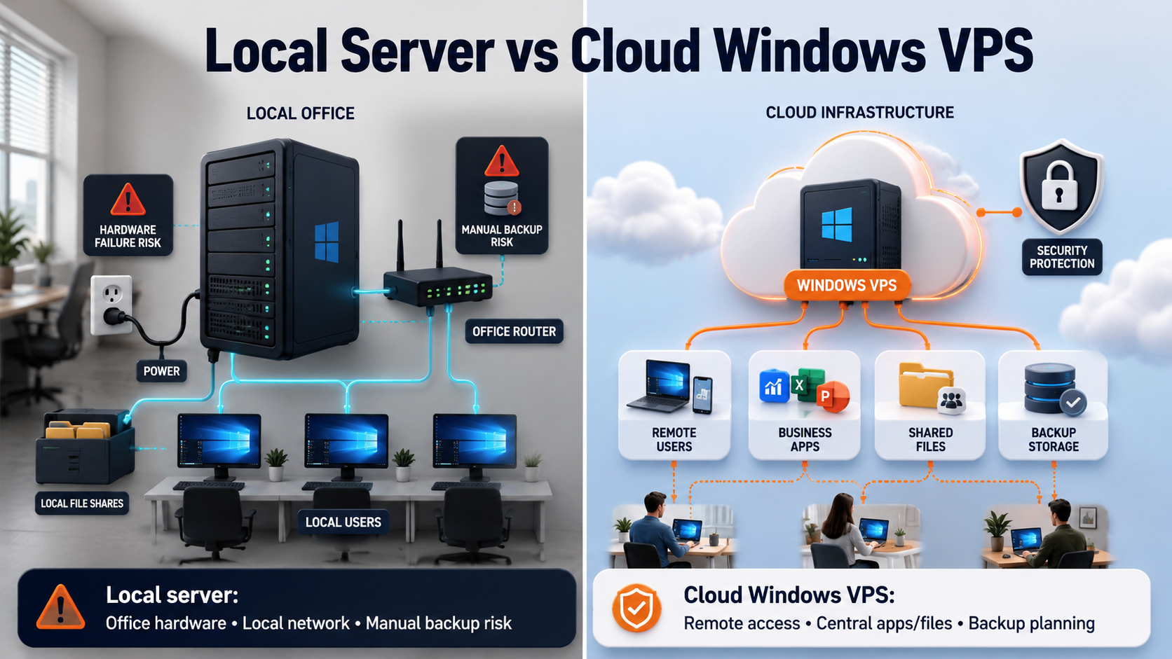 Comparison visual showing local office server model versus cloud Windows VPS model for users, apps, files, and backups