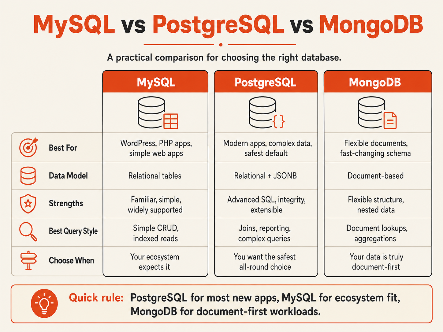 Comparison matrix showing MySQL, PostgreSQL, and MongoDB strengths across ecosystem fit, relational querying, JSON support, and document flexibility.