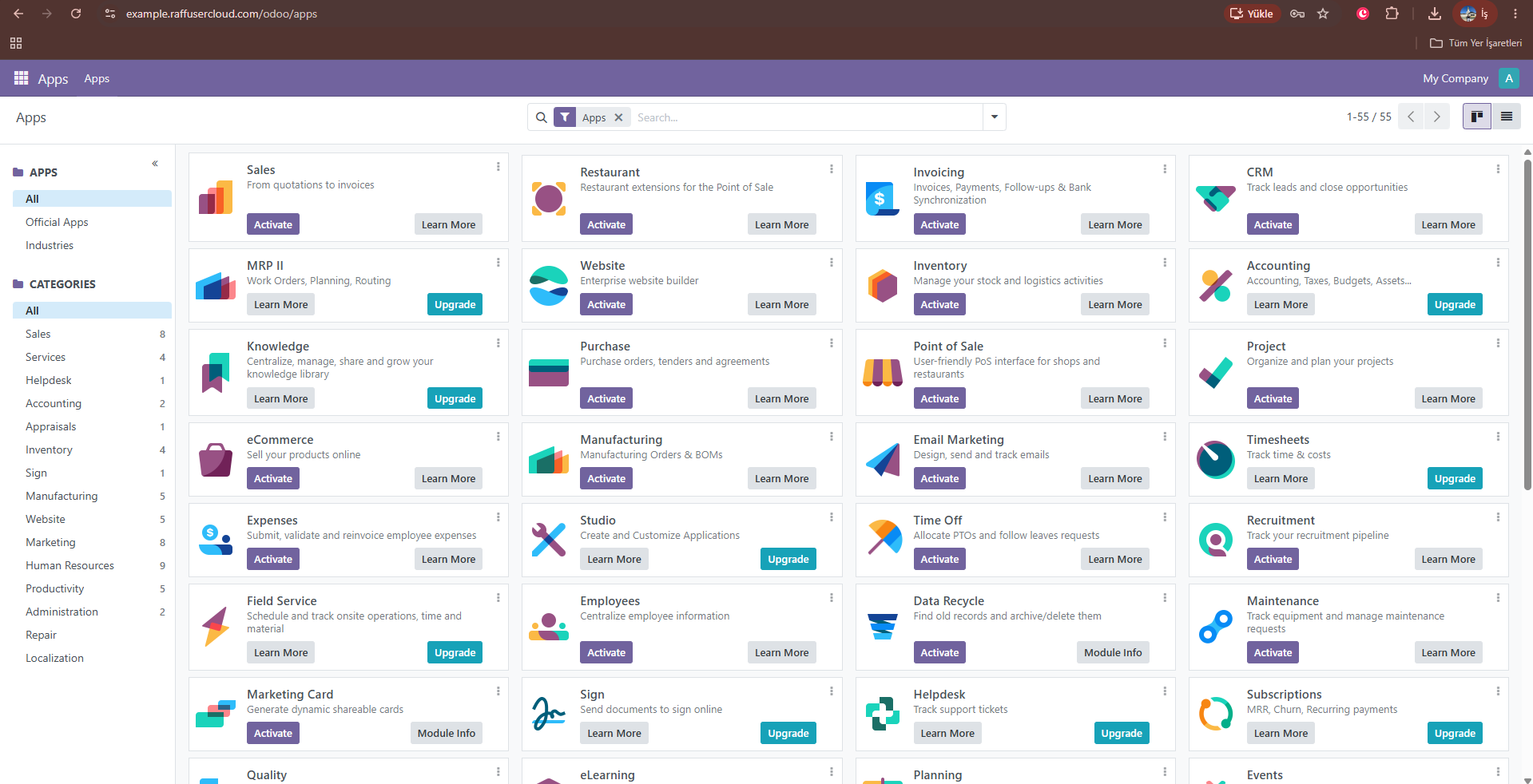 Odoo Apps dashboard after Docker Compose deployment on Ubuntu 24.04