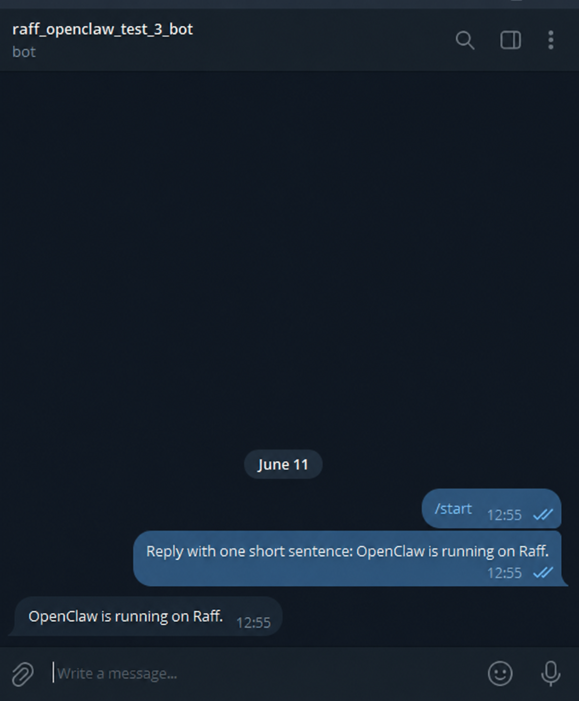 OpenClaw AI agent responding through Telegram on Ubuntu 24.04