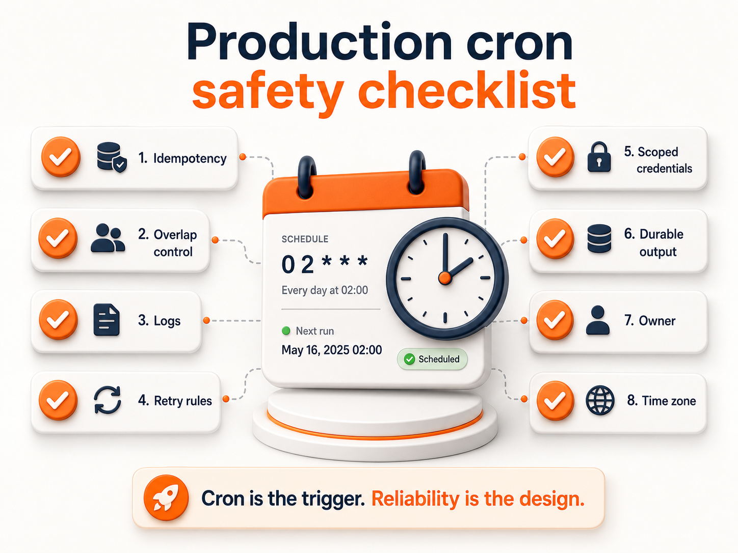 Checklist infographic showing production cron job requirements including idempotency overlap control logs retries credentials and durable output