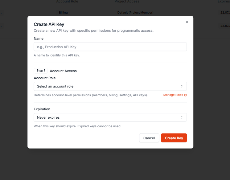 Raff create API key modal showing the name field, account role selection, project access, expiration setting, and create key button.