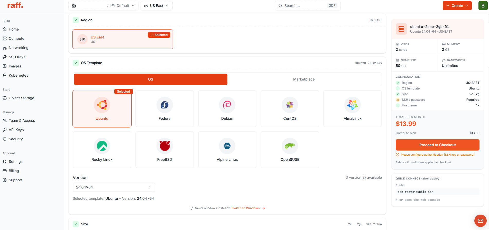 Raff dashboard VM create page showing Ubuntu template, US East region, compute size, unlimited bandwidth, and monthly pricing