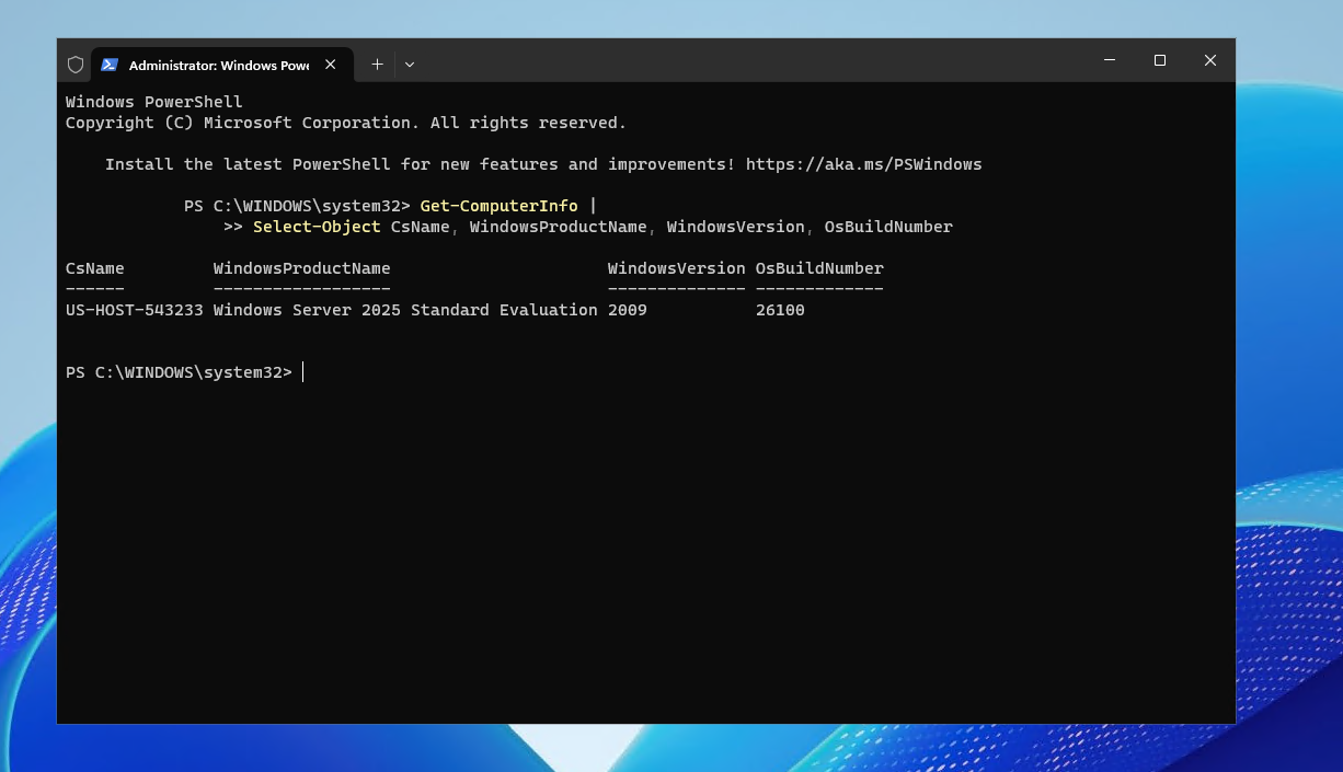 PowerShell on a Raff Windows Server 2025 VM showing the operating system version and build after first boot