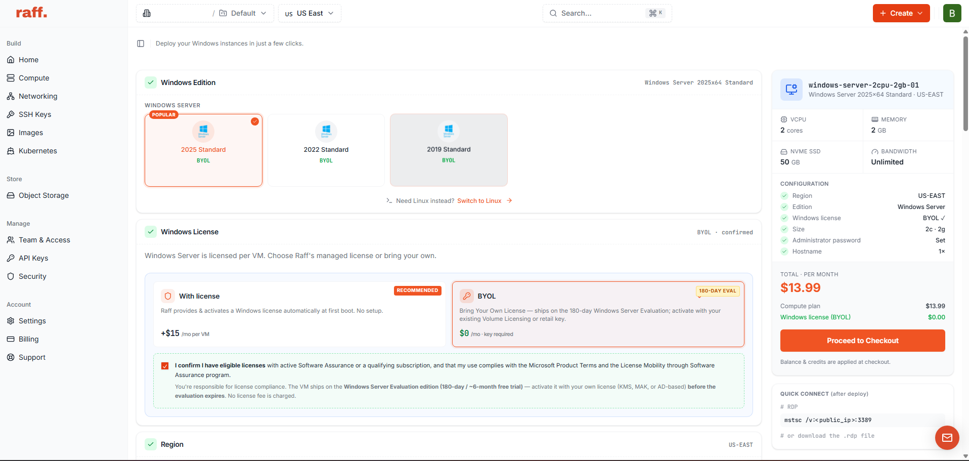 Raff dashboard showing a Windows VPS creation screen for deploying a cloud server suitable for ERP hosting.