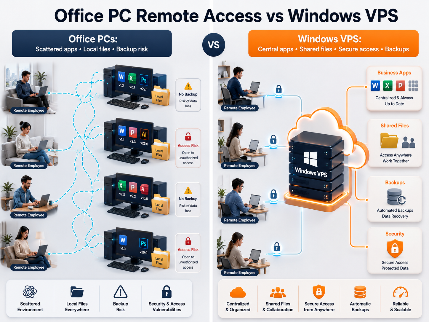 Comparison visual showing remote employees using office PCs versus a centralized Windows VPS for apps, files, and backups