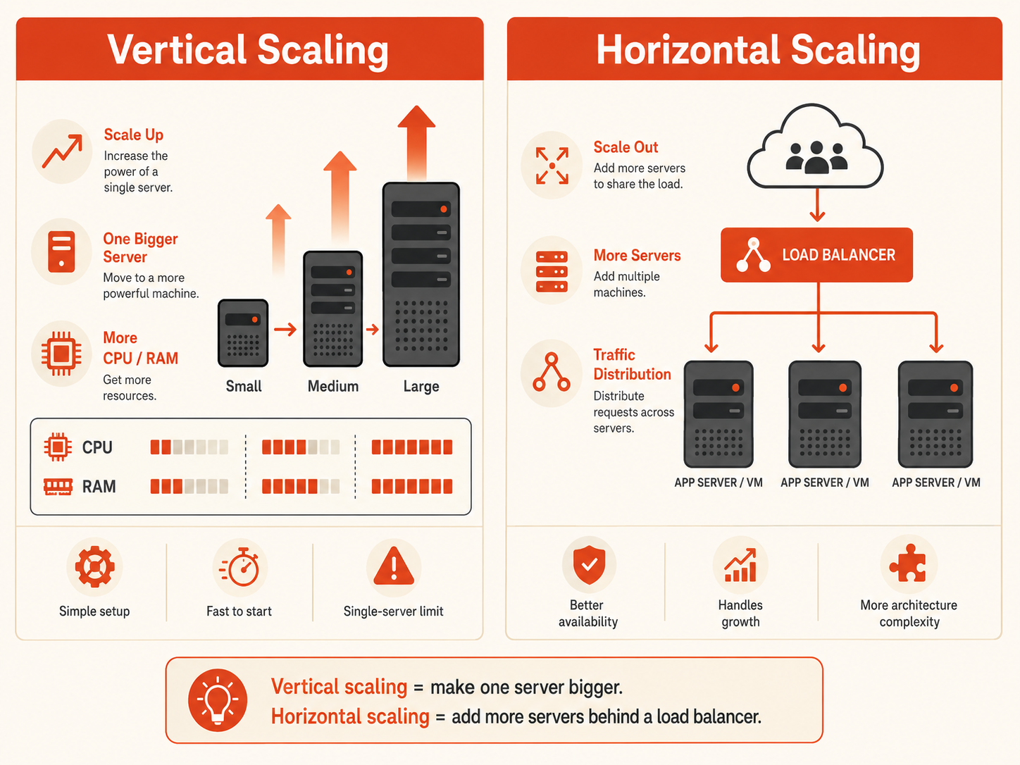 Vertical versus horizontal scaling diagram showing one larger server compared with multiple servers behind a load balancer.