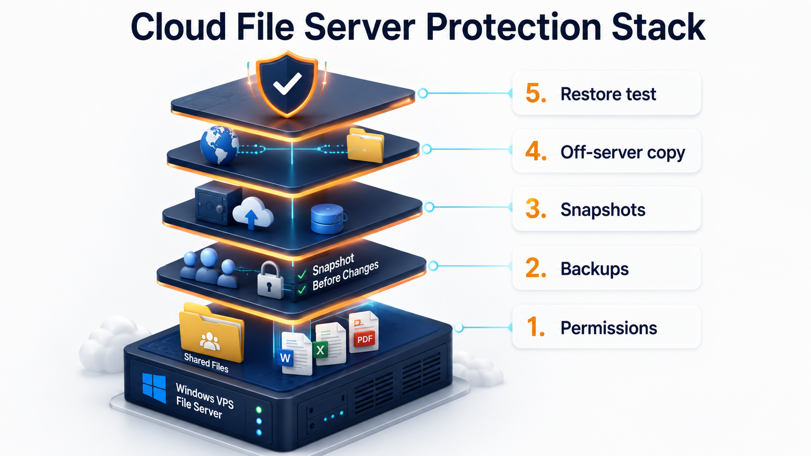 Layered visual showing Windows VPS file server permissions, backups, snapshots, off-server copies, and restore testing