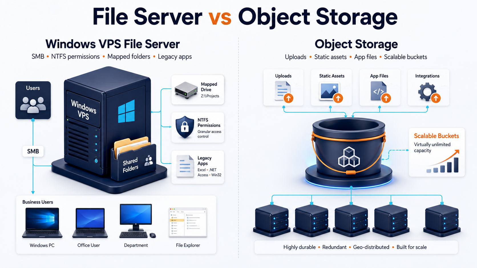 Comparison visual showing Windows VPS file server versus object storage for business files and application uploads