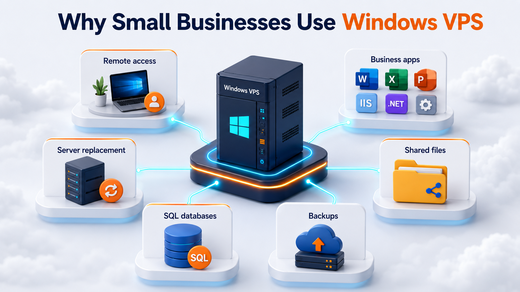 Use case map showing Windows VPS for remote access, business software, server replacement, shared files, databases, and backups