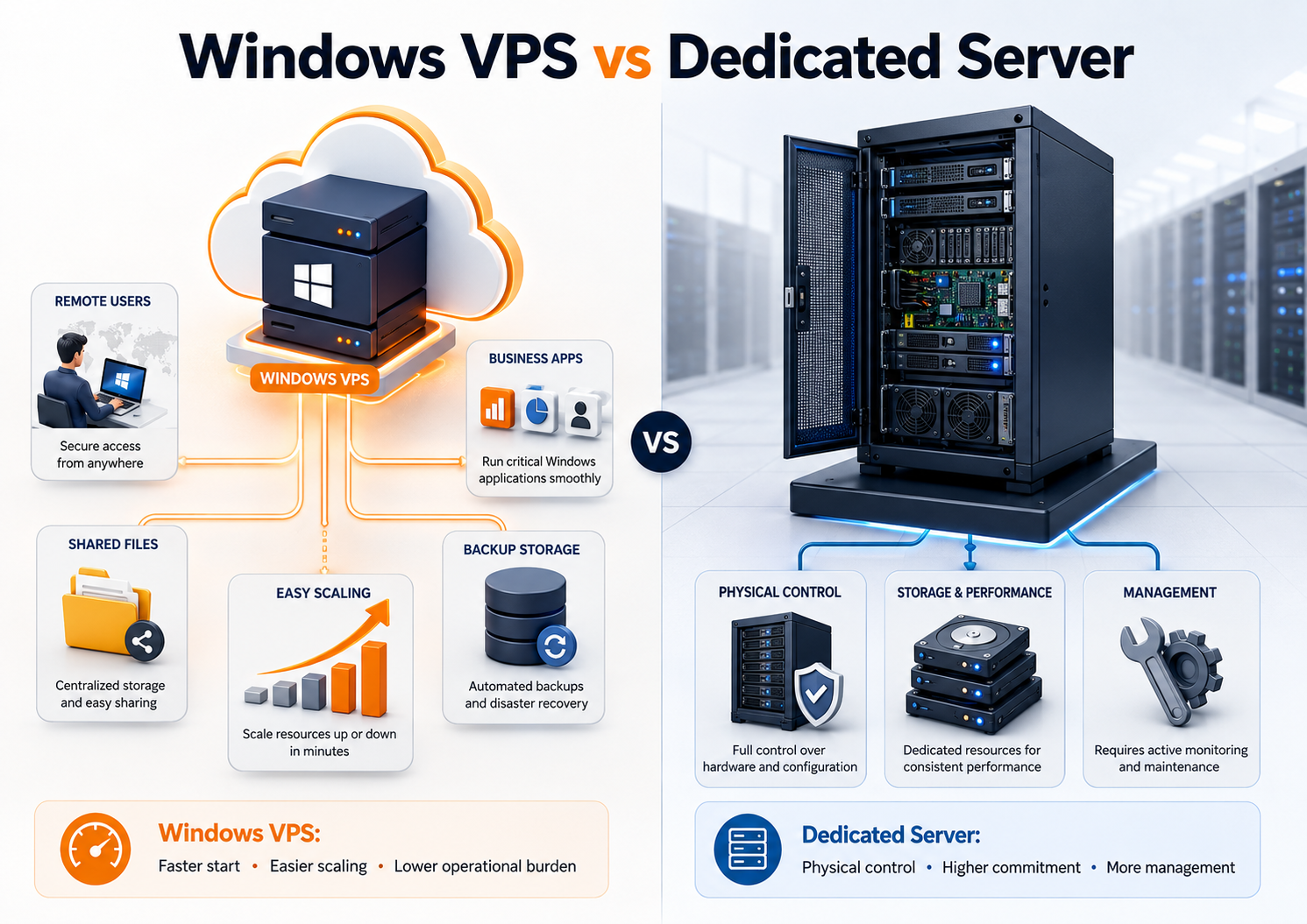 Comparison visual showing Windows VPS versus dedicated server for small business apps, remote users, files, backups, and hardware control